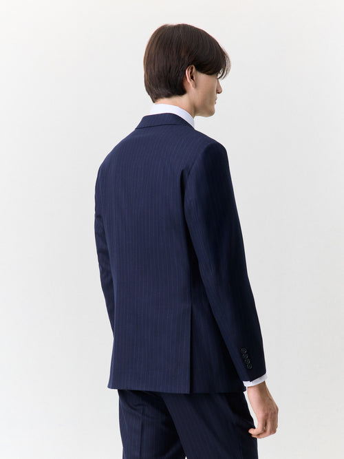 Veste coordonnable croisée regular en laine stretch bleu marine à rayures - 2 - Father & Sons   - 8 