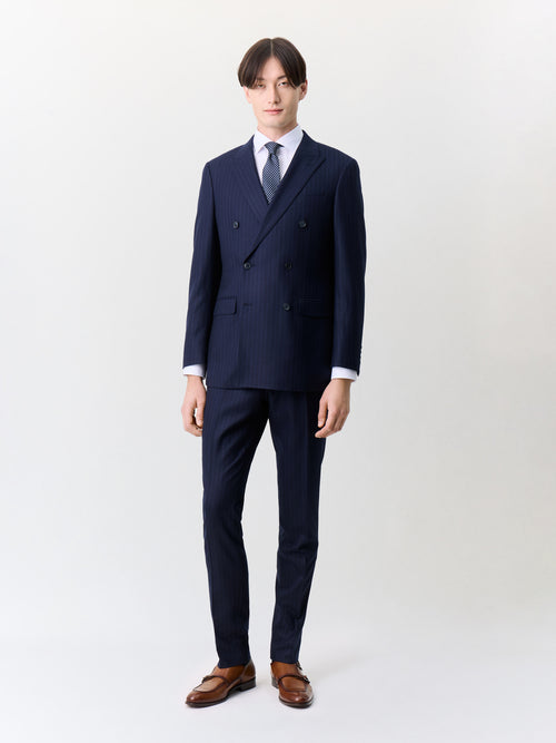 Veste coordonnable croisée regular en laine stretch bleu marine à rayures - Father & Sons   - 7 