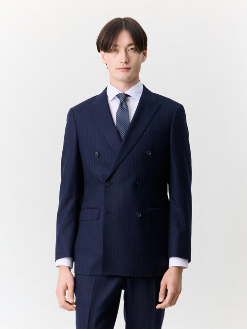 Veste coordonnable croisée regular en laine stretch bleu marine à rayures - 1 - Father & Sons   - 8 