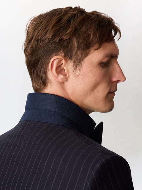 Veste coordonnable croisée regular en laine mélangée bleu marine à rayures - Father & Sons   - 4 