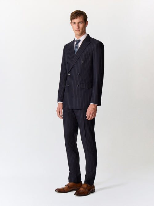 Veste coordonnable croisée regular en laine mélangée bleu marine à rayures - Father & Sons   - 7 