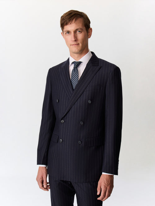 Veste coordonnable croisée regular en laine mélangée bleu marine à rayures - Father & Sons   - 1 