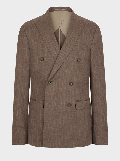 Veste coordonnable croisée regular en laine mélangée marron à rayures - Father & Sons   - 8 