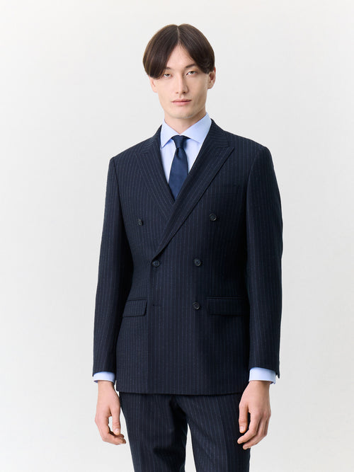 Veste coordonnable croisée regular en laine mélangée bleu marine à rayures - 1 - Father & Sons   - 6 