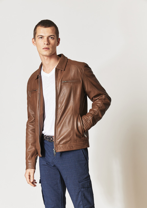Blouson en cuir uni tabac - Father and Sons 52428