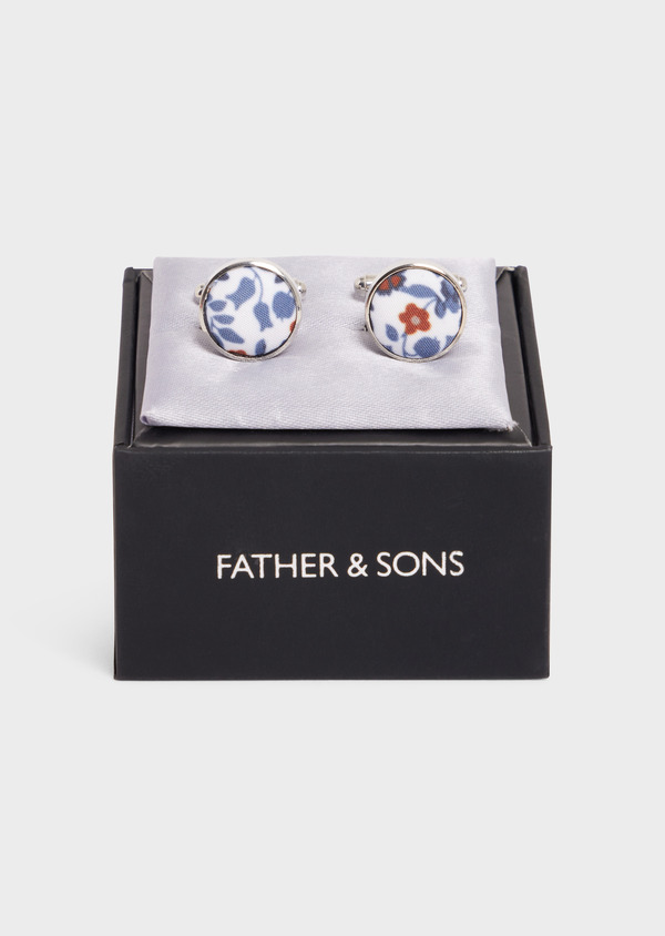Boutons de manchettes ronds blancs à motif fleuri bleu indigo et marron - Father and Sons 52311