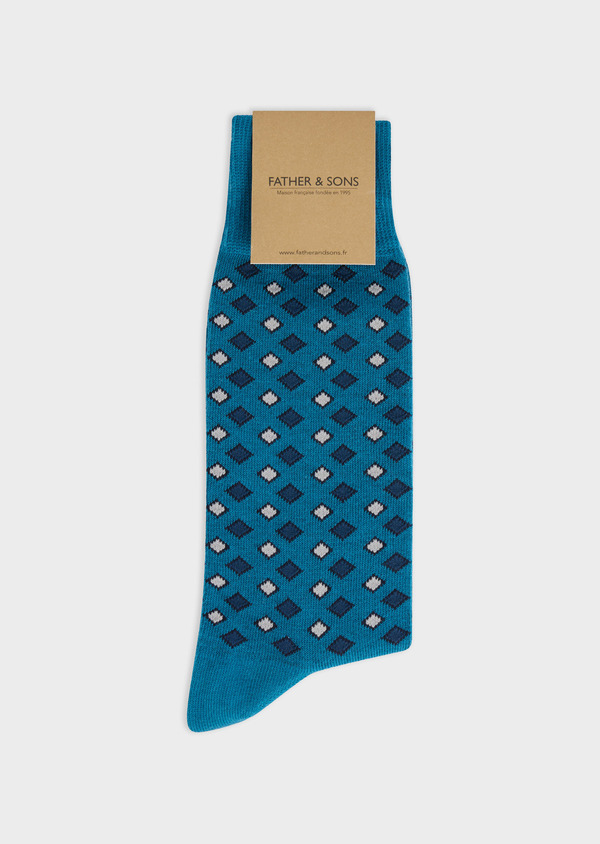Chaussettes en coton bio mélangé bleu paon à motif fantaisie bleu marine, bleu prusse et gris - Father and Sons 57919