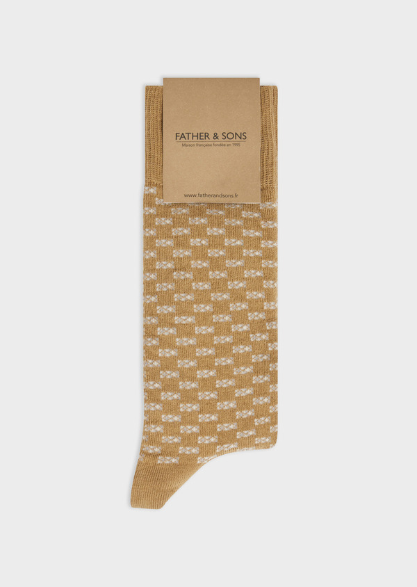 Chaussettes en coton bio mélangé camel à motif fantaisie écru et gris perle - Father and Sons 57942