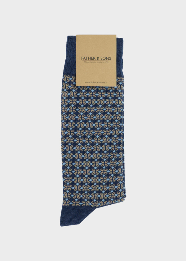 Chaussettes en coton bio mélangé bleu indigo à motif fantaisie beige - Father and Sons 53686