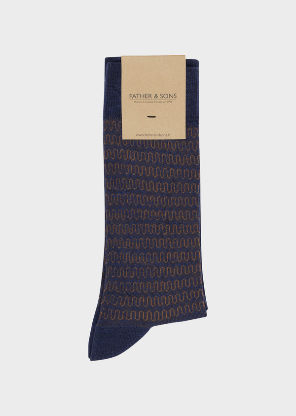 Chaussettes en coton mélangé bleu indigo à motif fantaisie marron - Father and Sons 53836