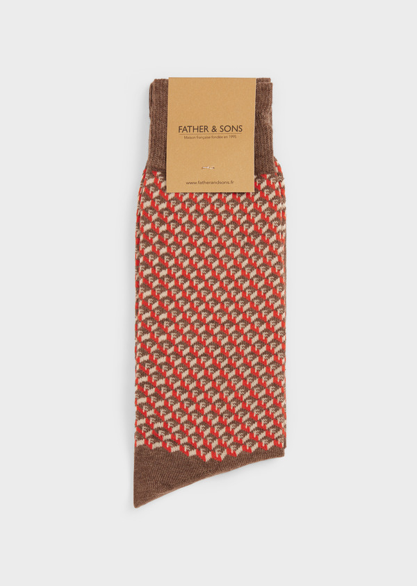 Chaussettes en coton bio mélangé marron glacé à motif fantaisie rouge et écru - Father and Sons 48258