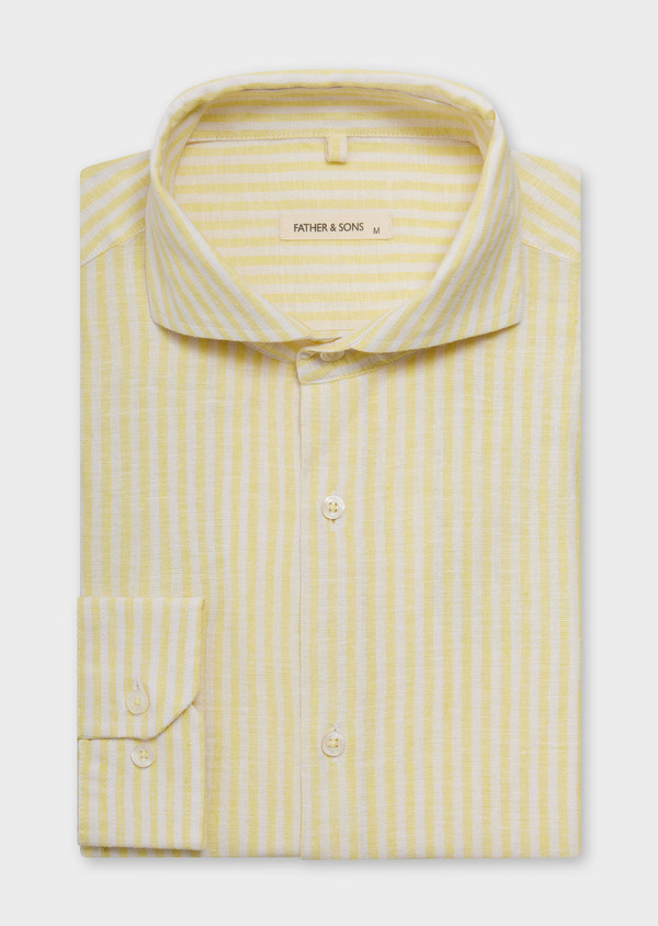 Chemise sport Slim en lin et coton blancs à rayures jaunes - Father and Sons 62005