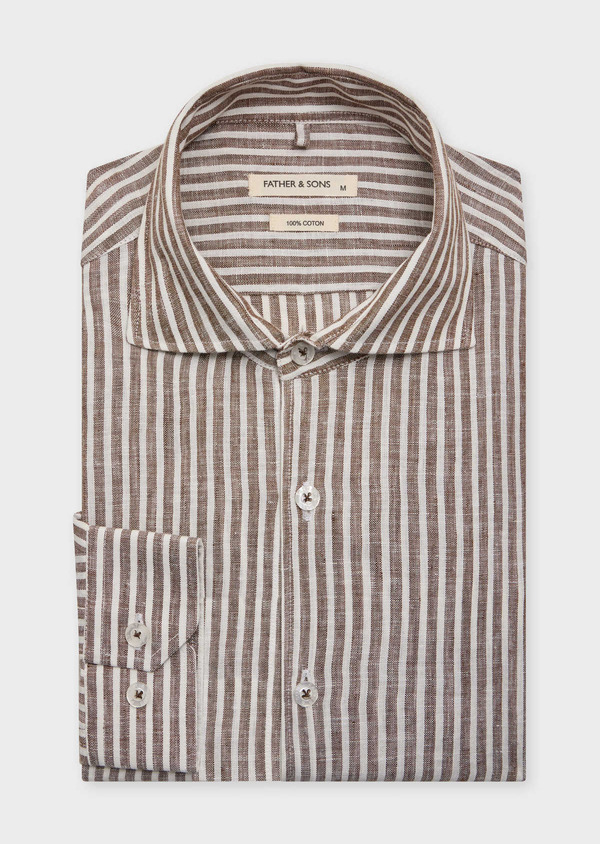 Chemise sport Slim en lin blanc à rayures taupe - Father and Sons 61996