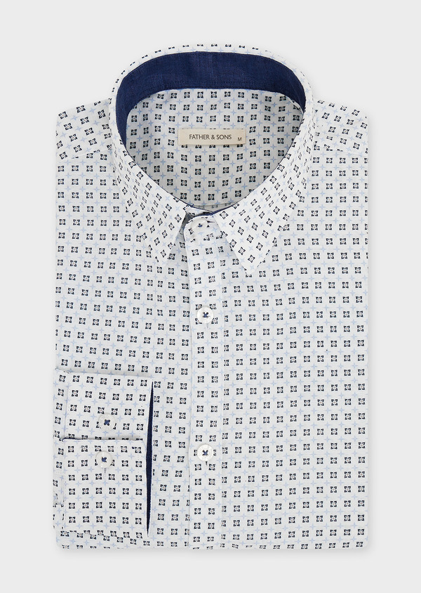 Chemise sport Slim en coton et lin blanc à motif fantaisie marine et bleu ciel - Father and Sons 46194