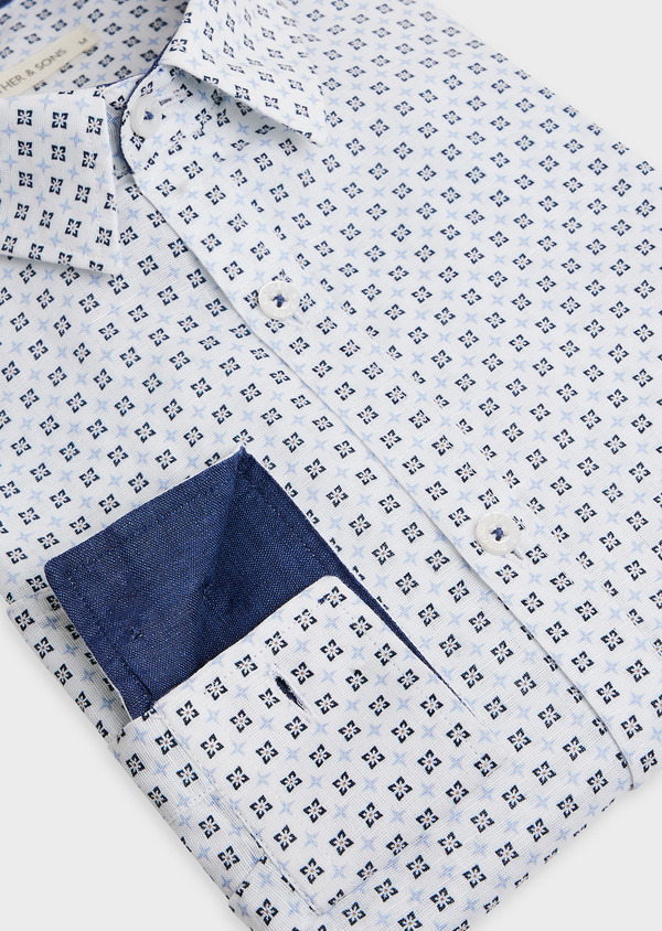 Chemise sport Slim en coton et lin blanc à motif fantaisie marine et bleu ciel - Father and Sons 46197