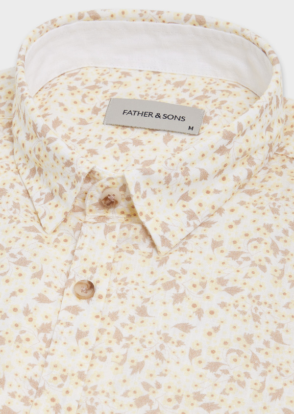 Chemise sport Slim en coton et lin blancs à motif fleuri beige - Father and Sons 48150