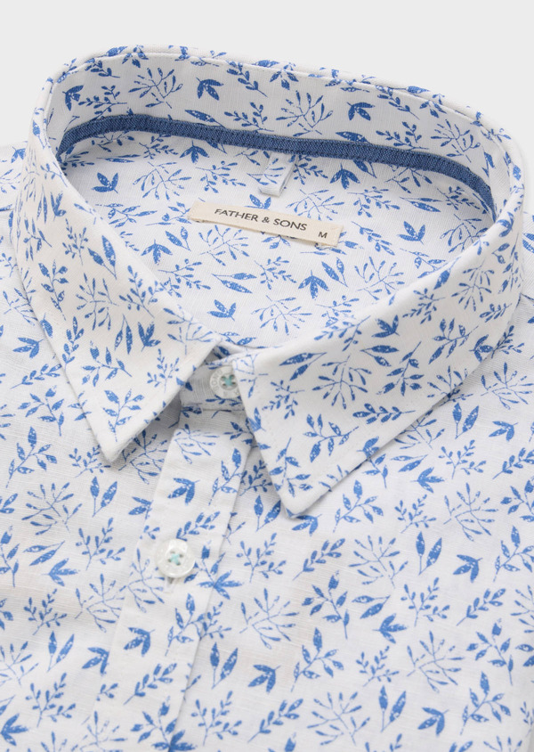 Chemise sport Slim en lin et coton blancs à motif fleuri bleu - Father and Sons 57243