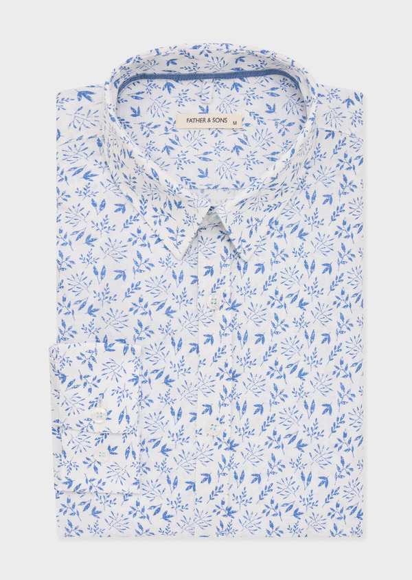 Chemise sport Slim en lin et coton blancs à motif fleuri bleu - Father and Sons 57242