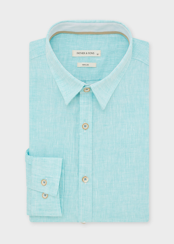 Chemise sport Slim en lin uni vert turquoise - Father and Sons 44746