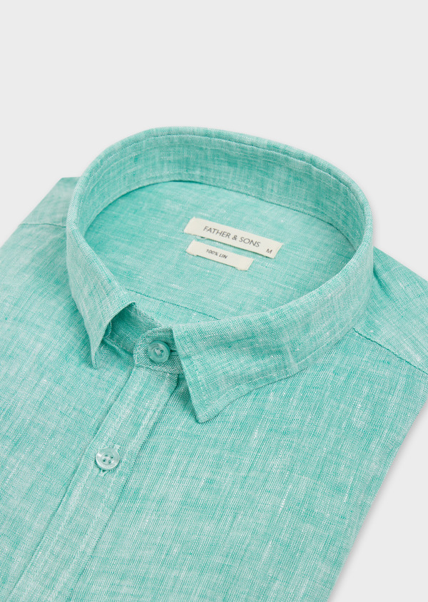 Chemise sport Slim en lin uni vert turquoise - Father and Sons 48175