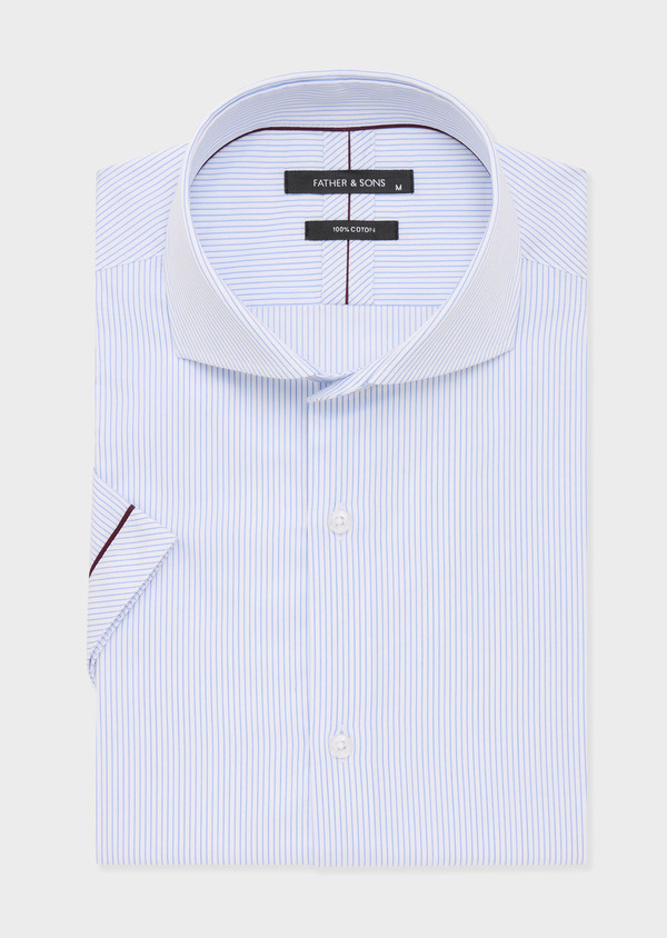 Chemise manches courtes Regular en popeline de coton blanc à rayures bleu ciel - Father and Sons 57251