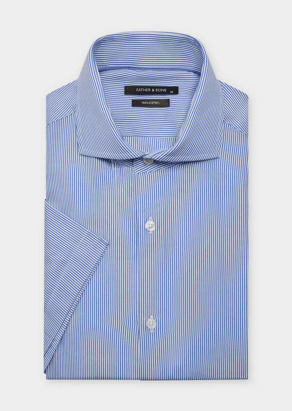 Chemise manches courtes Slim en coton Jacquard blanc à rayures bleu classique - Father and Sons 62533