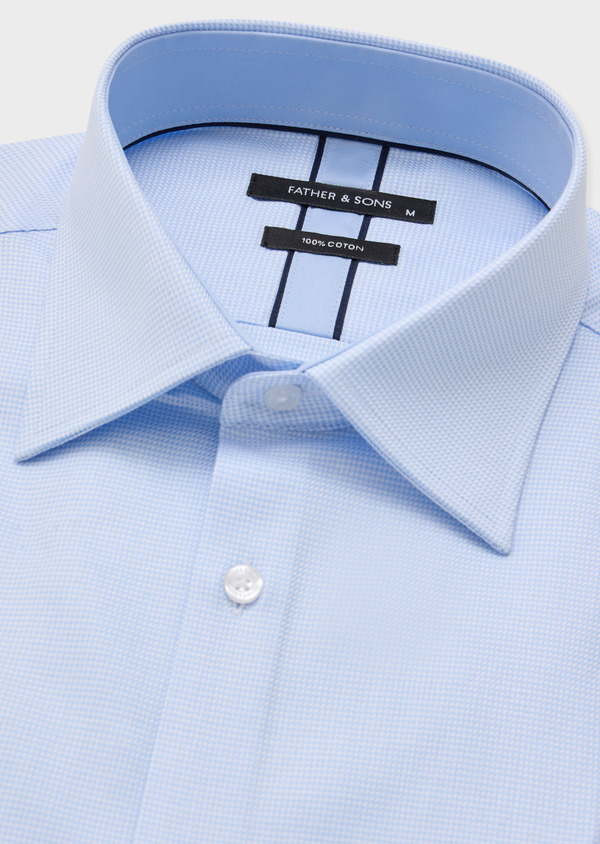 Chemise manches courtes Slim en popeline de coton blanc à motif pied-de-poule bleu ciel - Father and Sons 57255