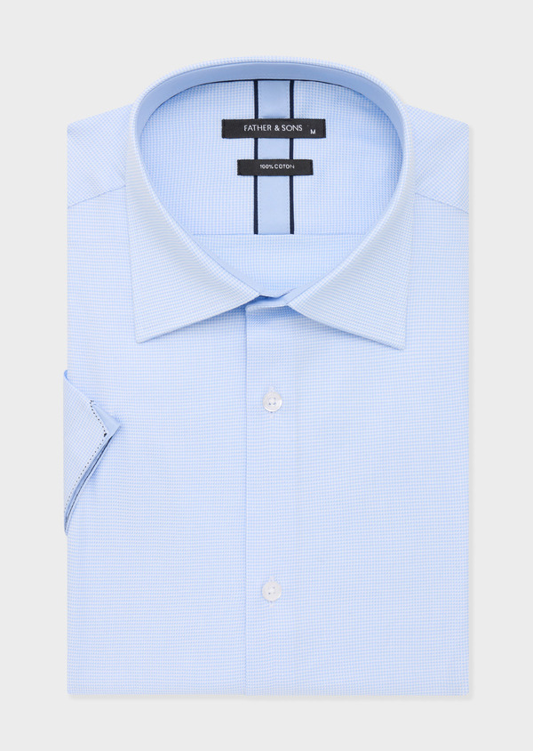 Chemise manches courtes Slim en popeline de coton blanc à motif pied-de-poule bleu ciel - Father and Sons 57254