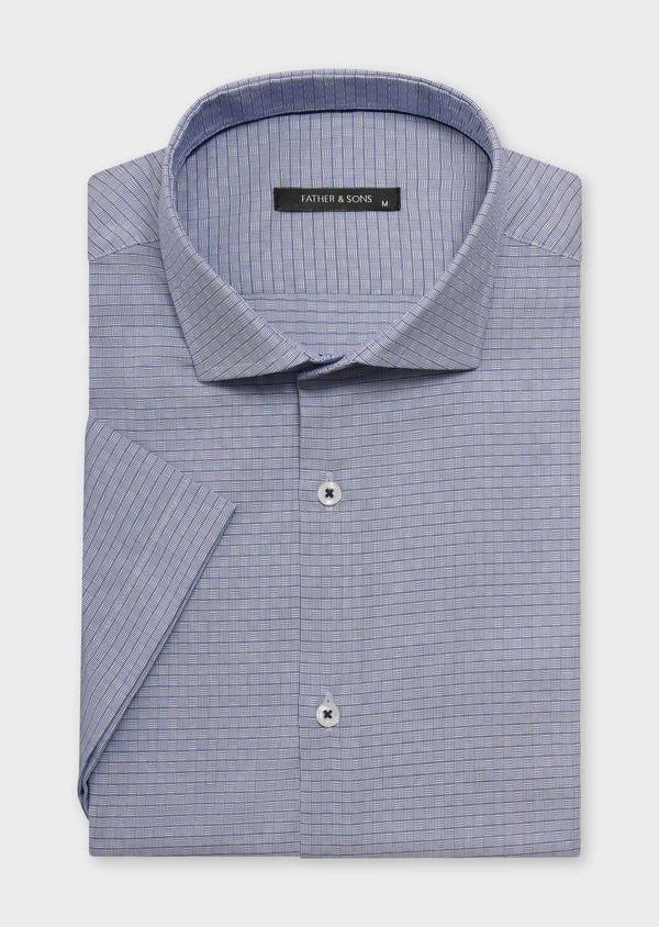 Chemise manches courtes Slim en coton Jacquard mélangé blanc à motif fantaisie bleu marine - Father and Sons 62530