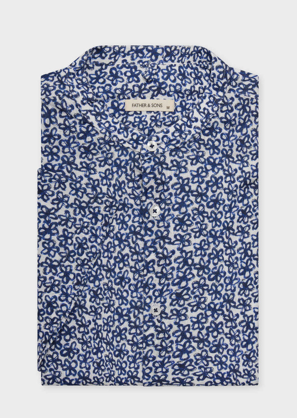 Chemise manches courtes Slim en popeline de coton et lin blancs à motif fleuri bleu à col officier - Father and Sons 62405