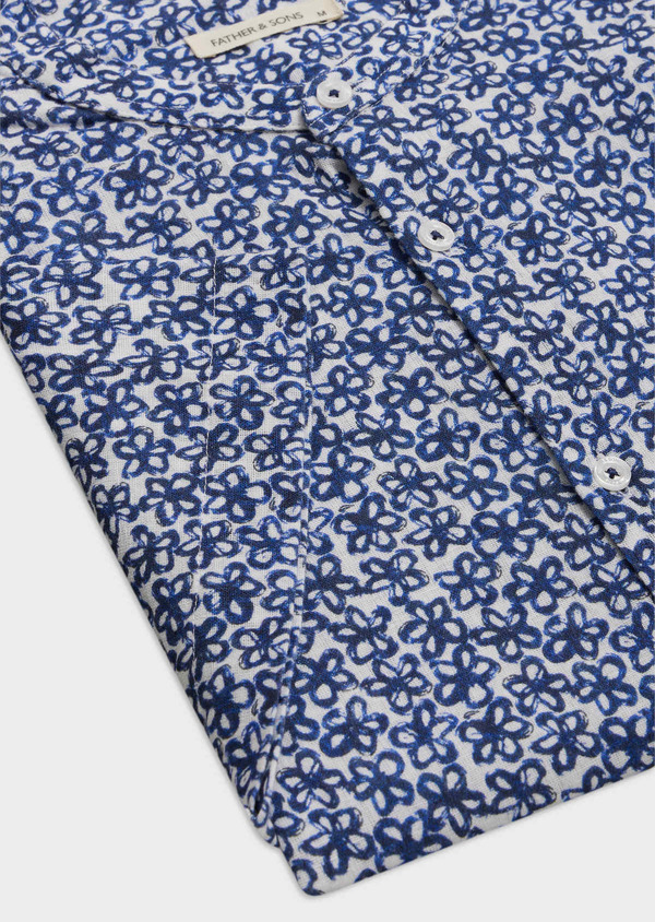Chemise manches courtes Slim en popeline de coton et lin blancs à motif fleuri bleu à col officier - Father and Sons 62407