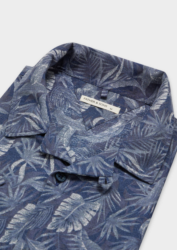 Chemise manches courtes Slim en popeline de coton et lin bleu indigo à motif fleuri - Father and Sons 55859