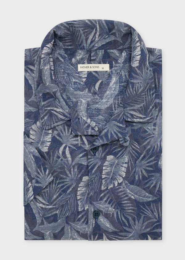 Chemise manches courtes Slim en popeline de coton et lin bleu indigo à motif fleuri - Father and Sons 55858