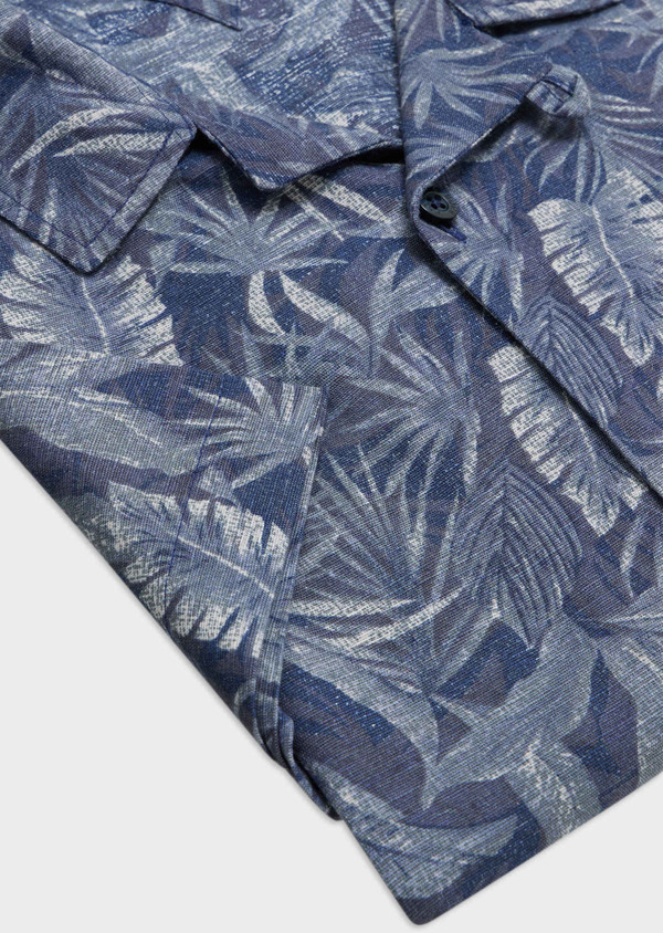 Chemise manches courtes Slim en popeline de coton et lin bleu indigo à motif fleuri - Father and Sons 55860