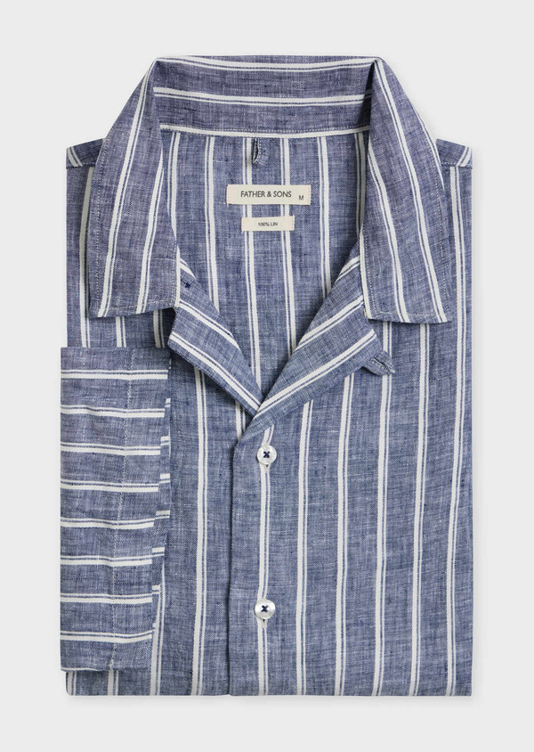 Chemise manches courtes Slim en popeline de lin bleu jeans à rayures blanches - Father and Sons 61926