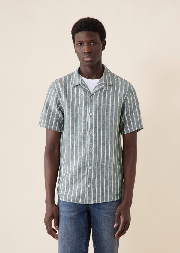 Chemise manches courtes Slim en popeline de lin kaki à rayures blanches - Father and Sons 63147