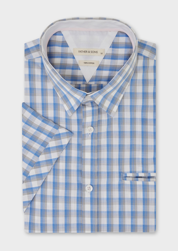 Chemise manches courtes Slim en popeline de coton bleu ciel à carreaux - Father and Sons 46456