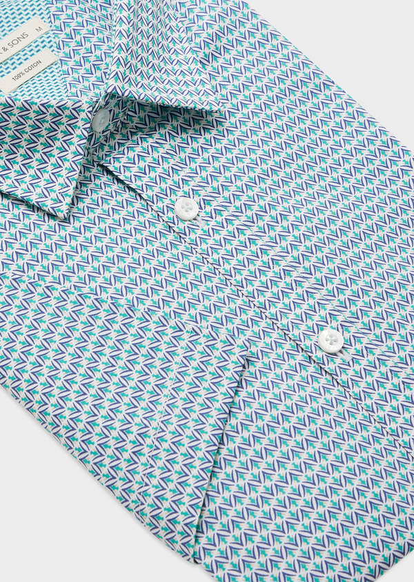 Chemise manches courtes en popeline de coton blanc à motif fantaisie vert turquoise et bleu - Father and Sons 44768
