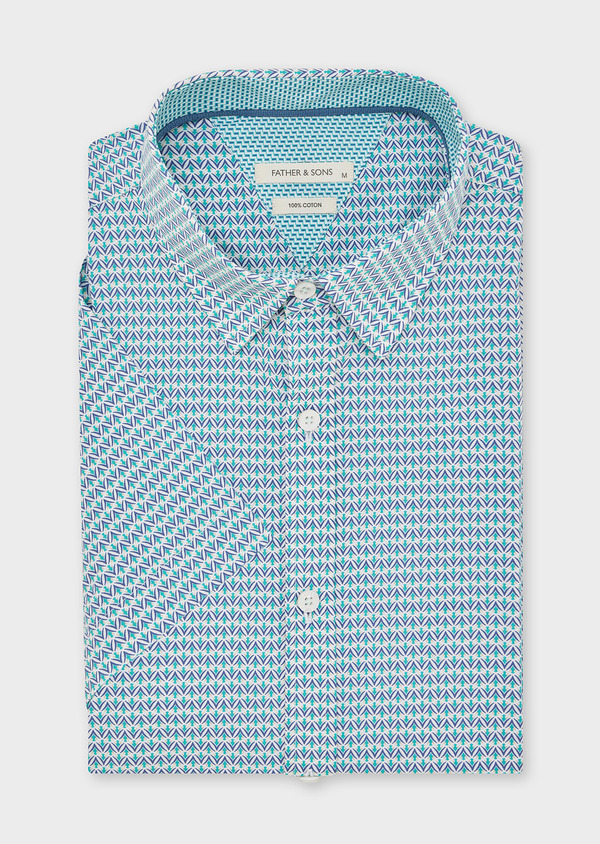 Chemise manches courtes en popeline de coton blanc à motif fantaisie vert turquoise et bleu - Father and Sons 44767