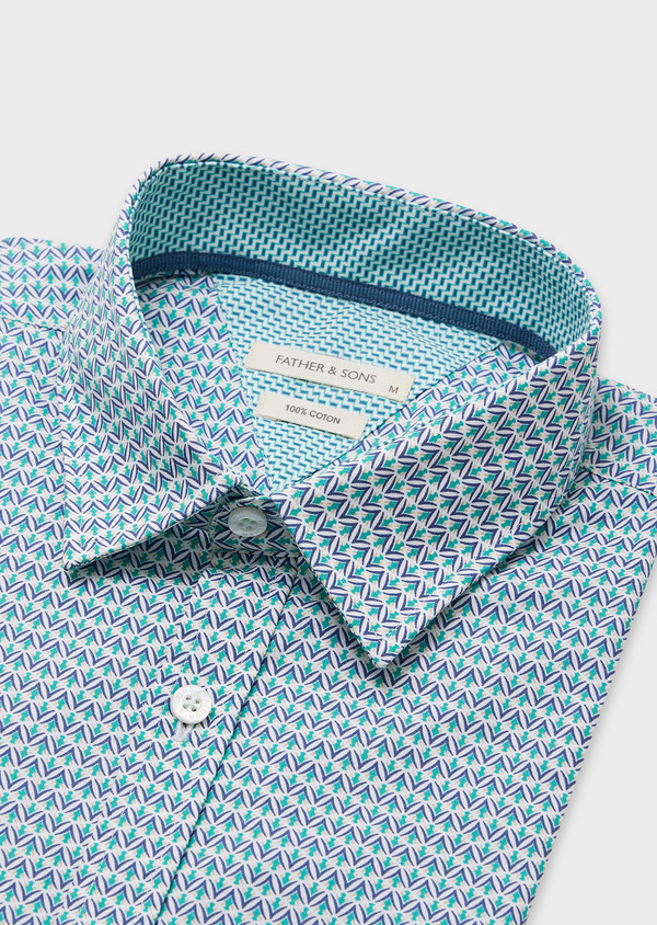 Chemise manches courtes en popeline de coton blanc à motif fantaisie vert turquoise et bleu - Father and Sons 44769