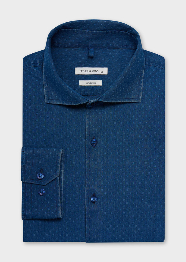 Chemise sport Regular en coton façonné bleu indigo à motif fantaisie - Father and Sons 62378