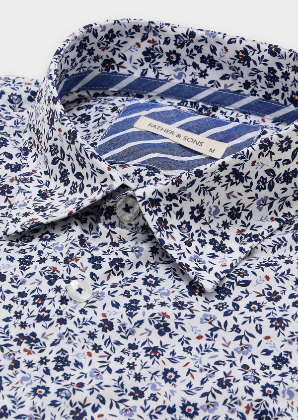 Chemise sport Regular en popeline de coton stretch blanc à motif fleuri bleu - Father and Sons 62391