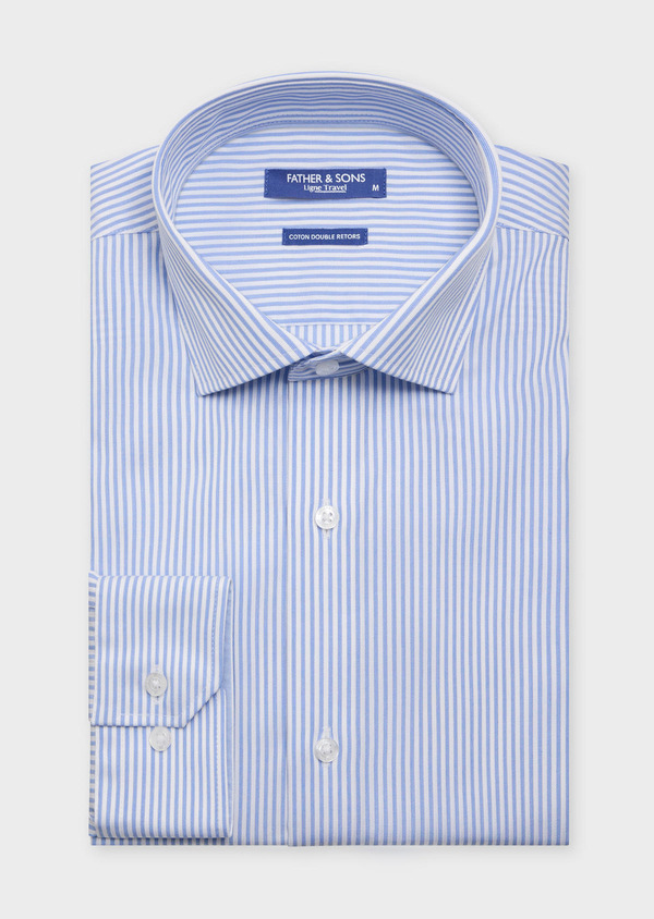 Chemise habillée non-iron Regular en coton Jacquard blanc à rayures bleu ciel - Father and Sons 62081