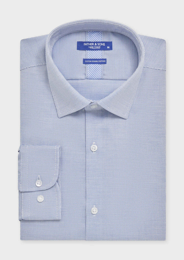 Chemise habillée non-iron Slim en coton Jacquard blanc à carreaux bleu chambray - Father and Sons 59371