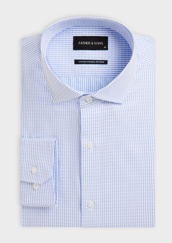 Chemise habillée Slim en coton façonné bleu azur à rayures blanches - Father and Sons 55776