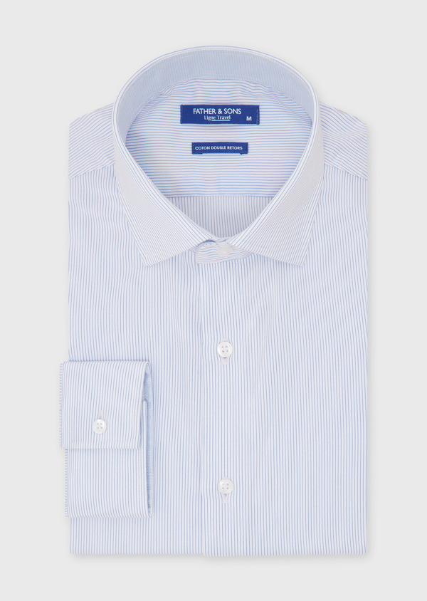 Chemise habillée non-iron Slim en popeline de coton blanc à rayures bleues - Father and Sons 52051