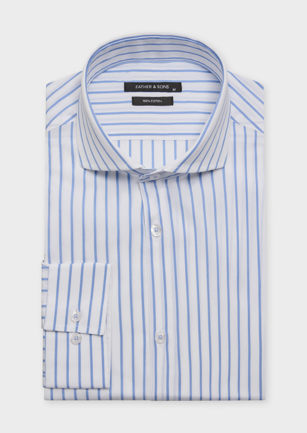 Chemise habillée Slim en popeline de coton blanc à rayures bleu classique - Father and Sons 61978