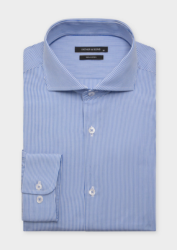 Chemise habillée Slim en popeline de coton blanc à rayures bleu classique - Father and Sons 61981