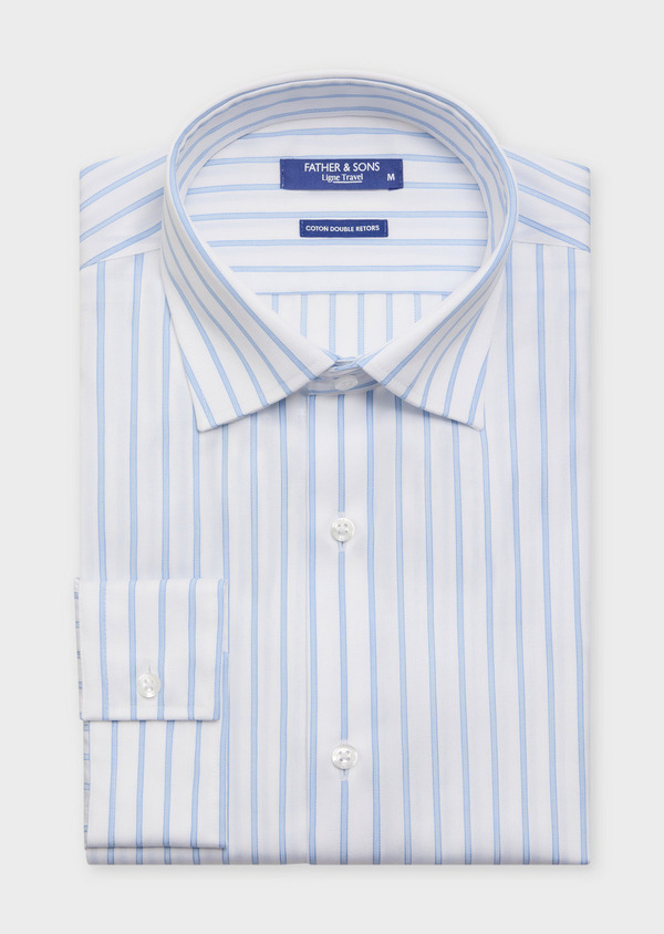 Chemise habillée non-iron Slim en coton Jacquard blanc à rayures bleu ciel - Father and Sons 61814