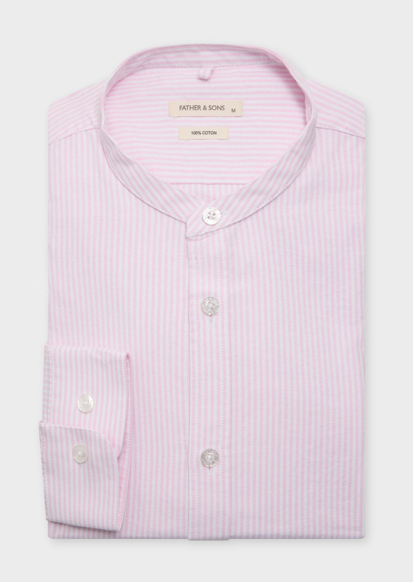 Chemise sport Slim en pinpoint de coton blanc à rayures roses à col officier - Father and Sons 61911